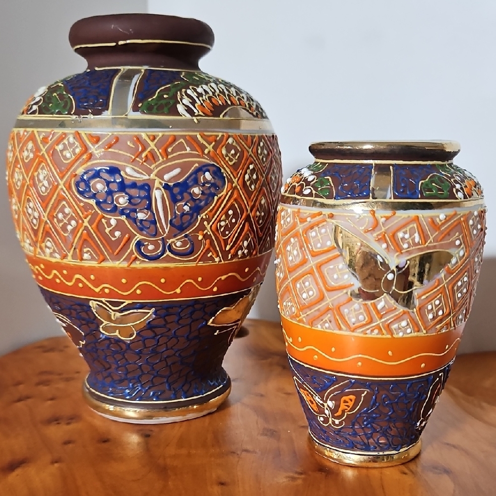Gold Castle Vases Hand Painted with Butterflies Satsuma Style from Japan